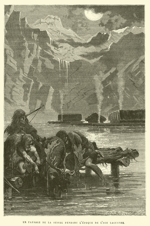 Un paysage de la Suisse pendant l'epoque de l'age lacustre (engraving)