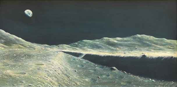 Lunar Landscape V: Edge of a Rill [the Earth above], 1970 (oil on board)