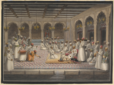 Nawab Asaf al-Daula seated on a rug smoking a hookah and listening to a party of male musicians. He is surrounded by a group of courtiers and attendants