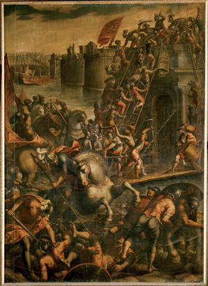 The Doge of Venice Enrico Dandolo and his crusaders storming the city of Zara in 1202 (oil on canvas)