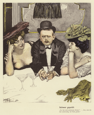 Man celebrating the fact he has remained a batchelor (colour litho)