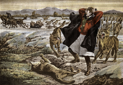 Leon Hering (trader in Transylvania) attacked by wolves, illustration from french newspaper "Le Petit Journal" march 10, 1907