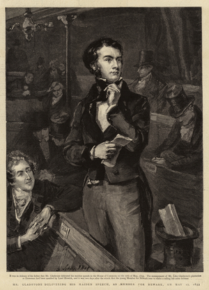 Mr Gladstone delivering his Maiden Speech, as Member for Newark, on 17 May 1833 (engraving)