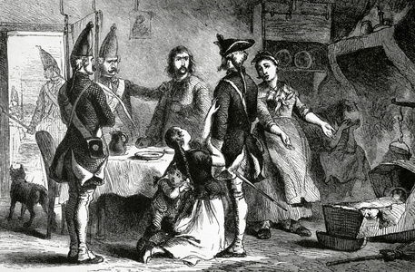 American Revolutionary War (1775-1783). Hessian recruited as a soldier while his family begs them not to recruit him (engraving)