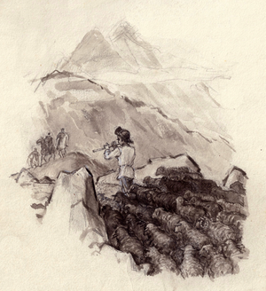 Illustration from "Mountains and People" by Yury Libedinsky, 1947 (w/c on paper)
