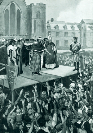 Edward I addressing his subjects in New Palace Yard in 1297 (litho)