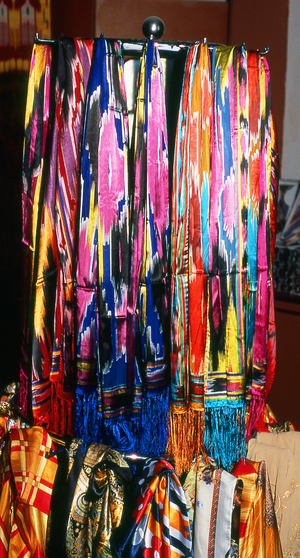 China: Silk scarves on sale at the Atlas Silk Workshop (Atlas Karakhana) in Jiya Village, about 13km northeast of Khotan, Xinjiang Province