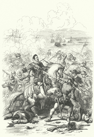 Archduke Albert VII of Austria, Governor of the Spanish Netherlands, at the Battle of Nieuwpoort, 1600 (engraving)
