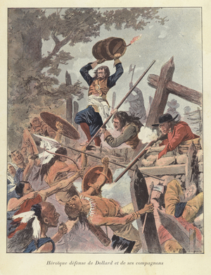 Adam Dollard and his companions fighting the Iroquois at the Battle of Long Sault, Canada, 1660 (colour litho)