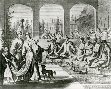 Jesuits with Dutch and Portuguese merchants at the Japanese court, c.1670 (engraving)