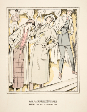 "Die Sachverständigen", advertisement for Coats by Stawropulos & Moldauer, from Styl, pub.1922 (pochoir print)