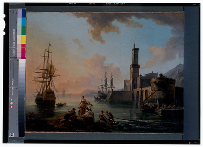Fishermen and Courtesans In A Mediterranean Port At Sunset, 18th century (oil on canvas)