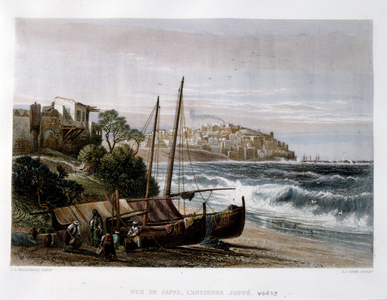Engraved illustration of the port city of Jaffa, published in Picturesque Palestine, about 1875