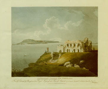 Sheep on a grassy hill in the foreground; figures standing on a cliff looking out to sea by the ruins of Sandsfoot Castle; boats on the sea; cliffs in the distance