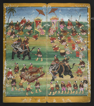 Or. 14963, f.11Elephant taming. A tiger being presented to an elephant. Musicians with drums.Scenes of British deposition of King Thibaw, the last king of the Konbaung Dynasty of Burma.19th century