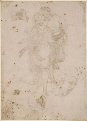 Two Men conversing on a Flight of Steps, and a Head shouting, WA1846.191 (metalpoint with white heightening, partially oxidised, on pink prepared paper)