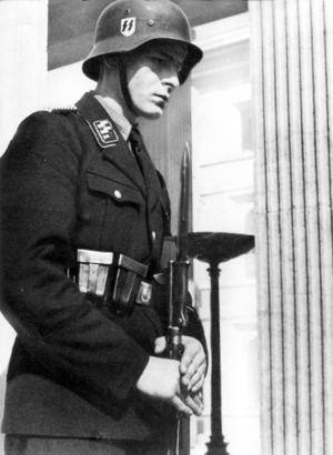 Honor guard of the SS at one of the Temples of Honor on Koenigsplatz (b/w photo)