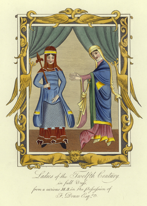 Ladies of the 12th Century in full dress (coloured engraving)