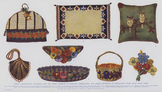 Raffia, delightful examples for the home worker of weaving embroidery and other methods of decoration with dyed palm fibre (colour photo)