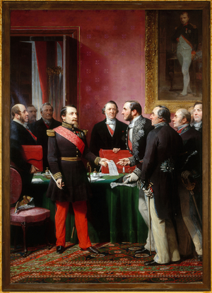 Napoleon III presenting Baron Haussmann with the decree annexing the neighboring communes (February 16, 1859), 1865 (oil on canvas)
