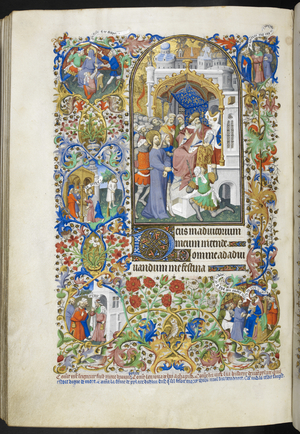 Add Ms 18850 f.227v, Hours of the Passion: Christ before Pilate, with additional scenes in the border of Christ being mocked, Judas returning the money and his suicide; Pilate and the Jews, Pilate and Christ, from Book of Hours (The Bedford Hours) c.1410-30 (ink, colour & gold on vellum)