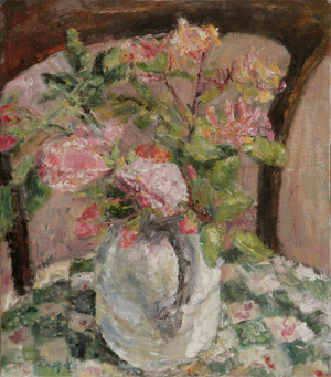 Honeysuckle and Roses in a White Jug, 2005 (oil on canvas)