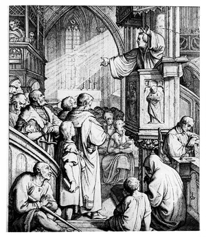 Martin Luther delivering a sermon from his pulpit to the community