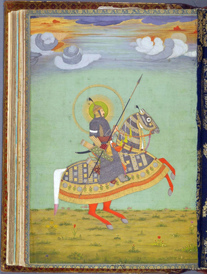 India: Mughal prince riding on horseback in full armour, c. 1640