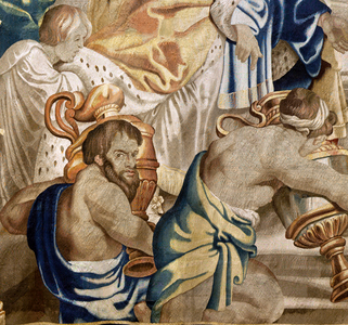 Flemish tapestry. Series Apotheosis of the Eucharist. Meeting of Abraham and Melchizedek (Encuentro de Abraham y Melquisedec). Model Cartoon copied from an original by Rubens. Brussels manufacture. Manufacture by Frans van den Hecke. Mid-17th century. Fabric Silk and wool, 7/8 warps per cm.