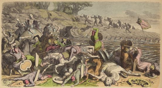 Macedonian phalanx in a battle with the Persians (coloured engraving)