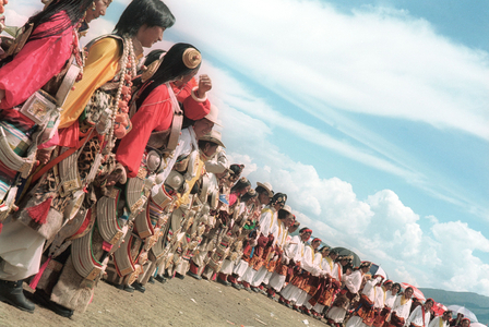 A group of Tibetan dancers at the annual horserace festival in Litang, Sichuan province, China, Aug 2003