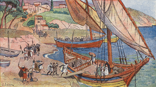 Saracens pillaging on the shores of the Mediterranean (colour litho)