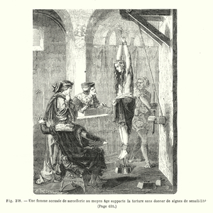 Une femme accusee de sorcellerie au moyen age supporte la torture sans donner de signes de sensiblitie (engraving)