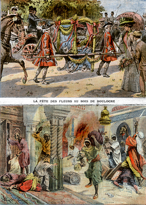 Flower parade in Boulogne wood and in the bottom the pillage of Mequinez in Morocco illustrations in french newspaper Le petit Parisien June 14, 1908