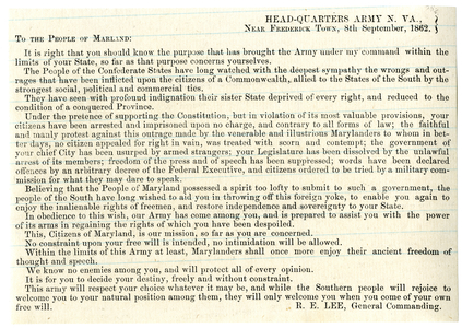 Message to the People of Maryland to support the Confederacy, 8th September 1862 (litho)