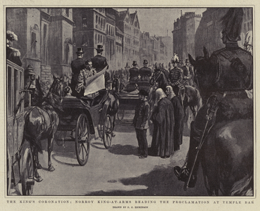 The King's Coronation, Norroy King-at-arms reading the proclamation at Temple Bar (litho)