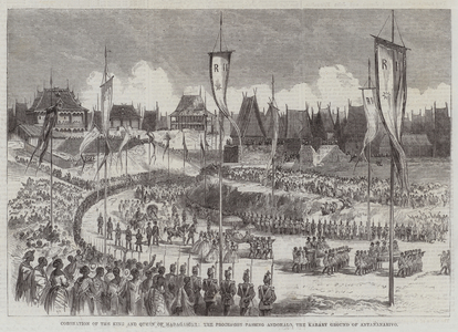 Coronation of the King and Queen of Madagascar, the Procession passing Andohalo, the Kabary Ground of Antananarivo (engraving)