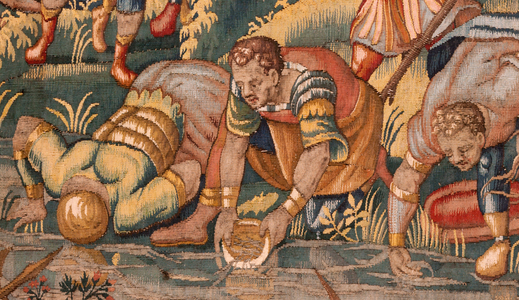 Diocesan museum (Museo Diocesano). Flemish tapestry. Brussels. Atelier François Geubels. Series Story of Gideon. The warriors are chosen (La elección de los guerreros). Silk and wool. Bequest of Bishop Vicente Roca de la Serna. Baroque. 1534-1571, in the cathedral since 1608.