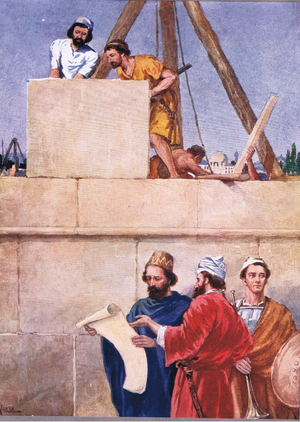 Nehemia rebuilding the walls of Jerusalem, from Bible Stories for Catholic Children pub.by Sands and Company, 1911 (colour litho)
