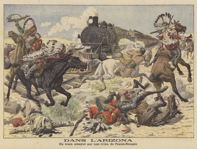 Attack on a train by Native Americans in Arizona (colour litho)