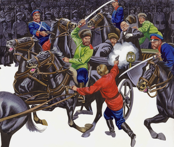 An assassination masterminded by Eugene Azeff (gouache on paper)