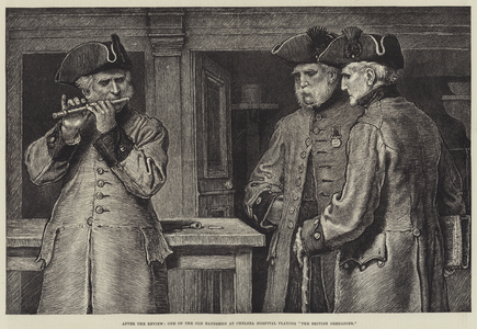 After the Review, One of the Old Bandsmen at Chelsea Hospital playing "The British Grenadier" (engraving)