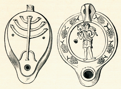 Terracotta lamps found in the Roman Catacombs, Rome, Italy.  From Italian Pictures by Rev. Samuel Manning, published c.1890.