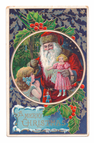 Edwardian Christmas postcard of Father Christmas giving a doll to a little girl, c.1910 (colour litho)