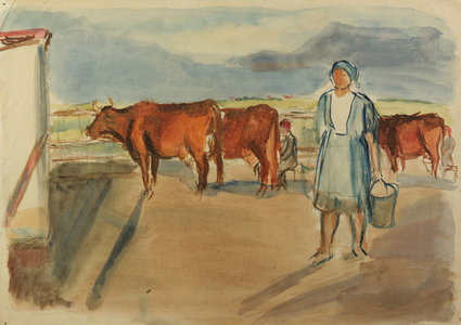Milking the Cows, Rozovka, Ukraine, 1932 (w/c on paper)