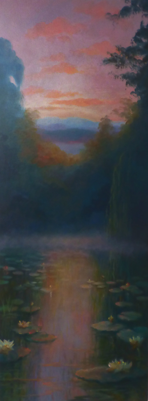 Soft Light, 2018 (oil on canvas)Tall landscape with reflections