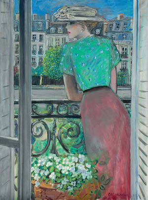 Woman at the Window, Overlooking Foch Avenue, Paris; Femme a la fenetre, vue sur l'avenue Foch, Paris, 1989 (oil on canvas)