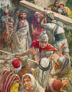 He carried the Cross for Jesus, Matthew, 27, 32 (colour litho)