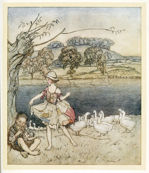 Tattercoats dancing while the goosherd pipes, from English Fairy Tales, pub. 1922 (colour litho)