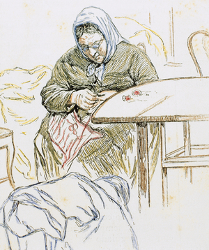 Old woman sewing La Ilustracion, 1885, Later coloration  (engraving)